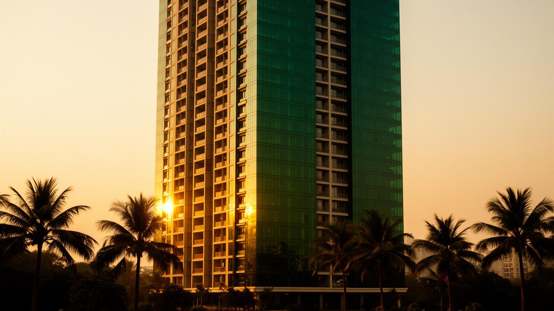 Premium Indian residential tower at golden hour with emerald glass facade
